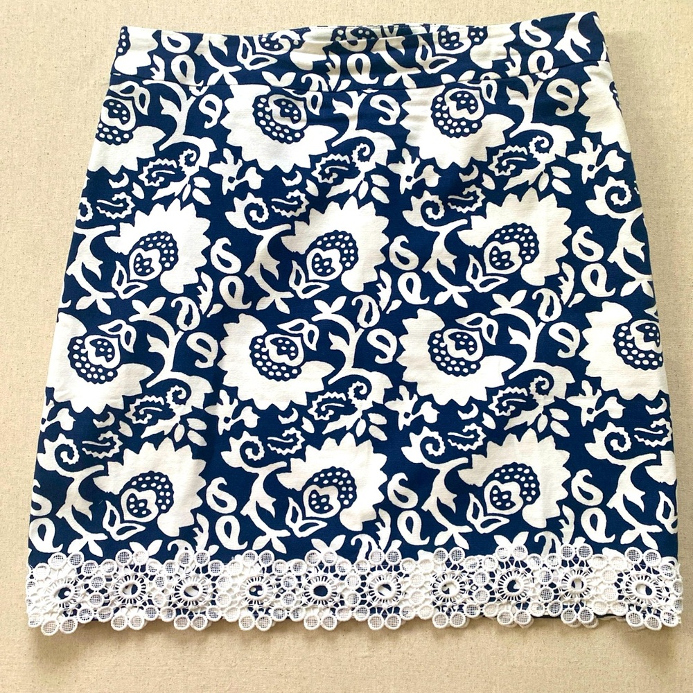 Talbots LACE-TRIMMED WOODBLOCK FLORAL STRETCH COTTON CANVAS SKIRT Blue White Sz6